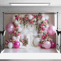 Aperturee - Aperturee Elegant Pink and White Balloons Floral Photography Backdrop with Number One for First Birthday Celebration