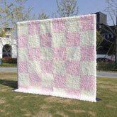 Aperturee - Aperturee Elegant Pink and White Checkerboard Artificial Flower Wall Romantic Rose Backdrop for Wedding Party Decor