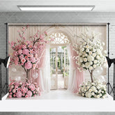 Aperturee - Aperturee Elegant Pink and White Floral Archway Photography Backdrop Garden and Sheer Curtains Romantic Wedding Party Decor