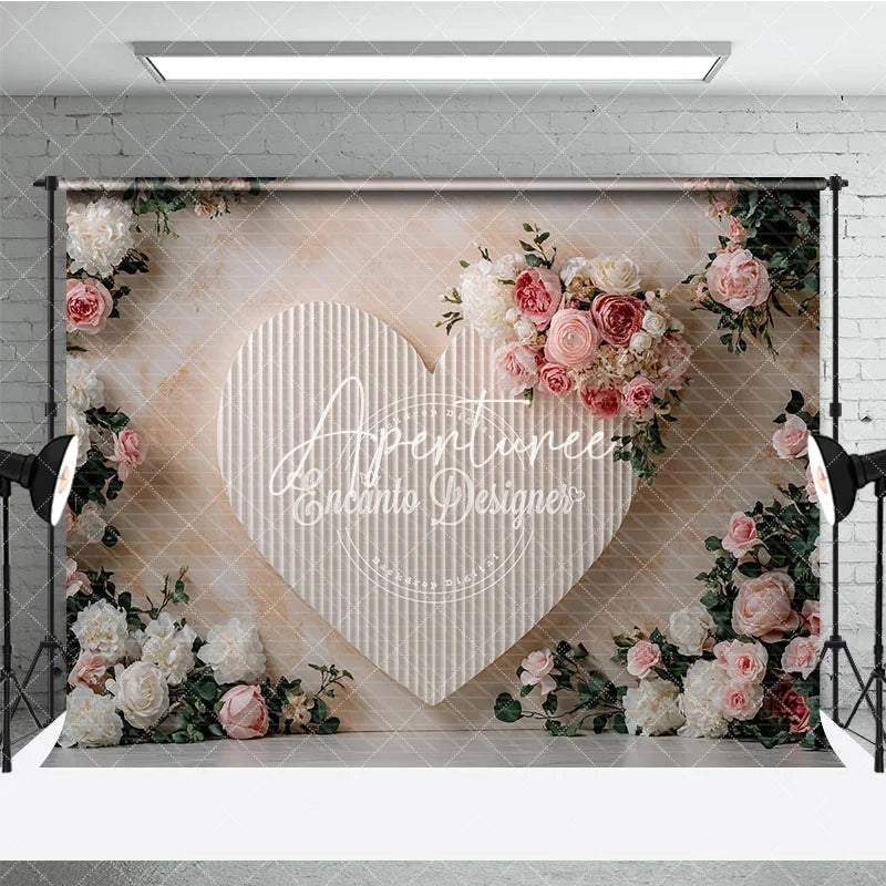 Aperturee - Aperturee Elegant Pink and White Floral Heart Photography Backdrop Roses and Peonies Romantic Celebration Decor for Portraits