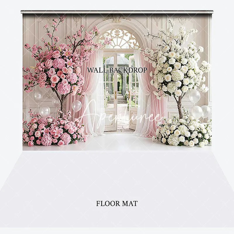 Aperturee - Aperturee Elegant Pink and White Floral Tree Archway Combo Set Backdrop Garden Door Wedding Baby Shower Decor