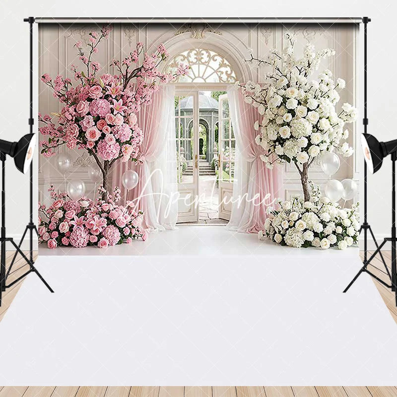 Aperturee - Aperturee Elegant Pink and White Floral Tree Archway Combo Set Backdrop Garden Door Wedding Baby Shower Decor