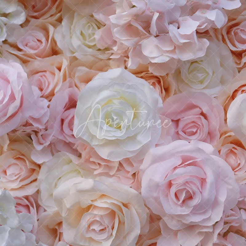 Aperturee - Aperturee Elegant Pink and White Gradient Artificial Flower Wall Lush Rose Floral Backdrop for Wedding Party Decor