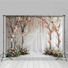 Aperturee - Aperturee Elegant Pink and White Rose Tree Photography Backdrop with Hanging Flowers Romantic Garden Wedding Party Decor