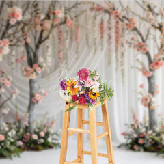 Aperturee - Aperturee Elegant Pink and White Rose Tree Photography Backdrop with Hanging Flowers Romantic Garden Wedding Party Decor