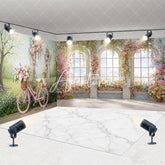 Aperturee - Aperturee Elegant Pink Bicycle Floral Archway Room Set Backdrop Spring Garden with Arched Windows and City View