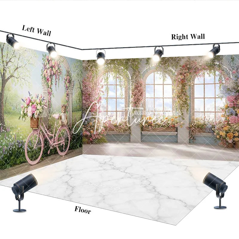 Aperturee - Aperturee Elegant Pink Bicycle Floral Archway Room Set Backdrop Spring Garden with Arched Windows and City View