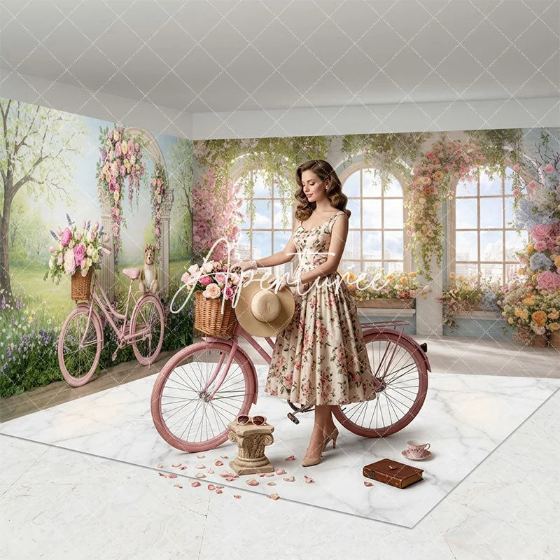 Aperturee - Aperturee Elegant Pink Bicycle Floral Archway Room Set Backdrop Spring Garden with Arched Windows and City View