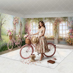 Aperturee - Aperturee Elegant Pink Bicycle Floral Archway Room Set Backdrop Spring Garden with Arched Windows and City View