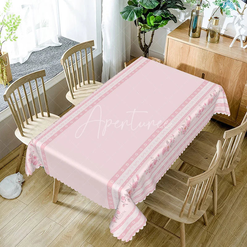 Aperturee - Aperturee Elegant Pink Border Rectangle Tablecloth Rose Floral Edge Design for Valentine Mother Day Dining Room Decor