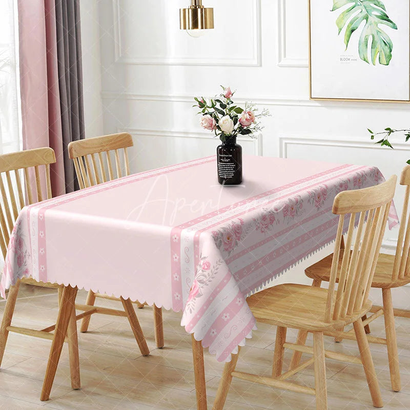 Aperturee - Aperturee Elegant Pink Border Rectangle Tablecloth Rose Floral Edge Design for Valentine Mother Day Dining Room Decor