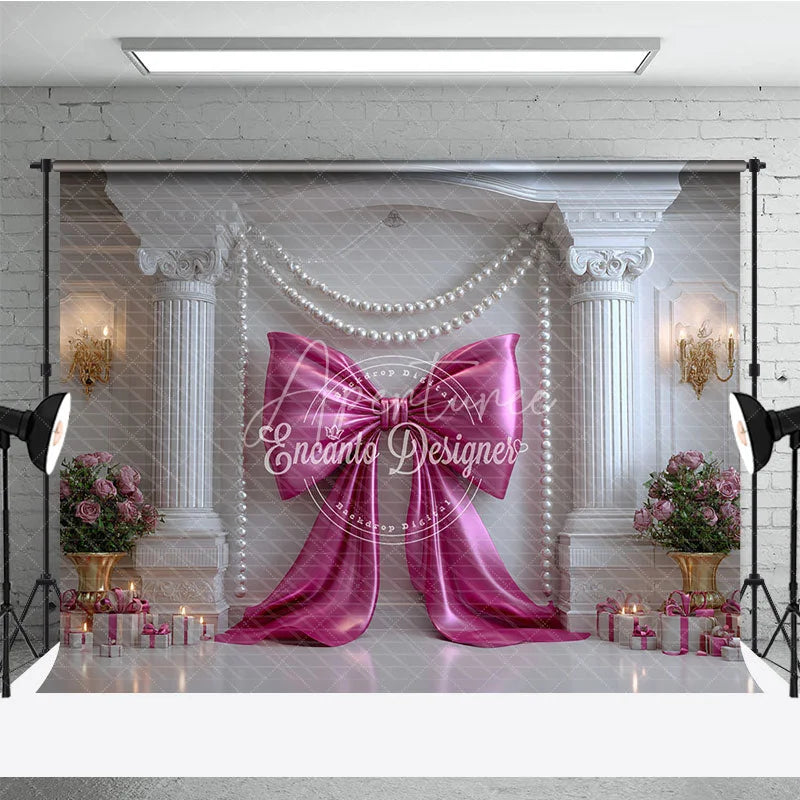Aperturee - Aperturee Elegant Pink Bow and Pearl Garlands Photography Backdrop White Column Romantic Birthday Party Decor