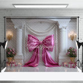 Aperturee - Aperturee Elegant Pink Bow and Pearl Garlands Photography Backdrop White Column Romantic Birthday Party Decor