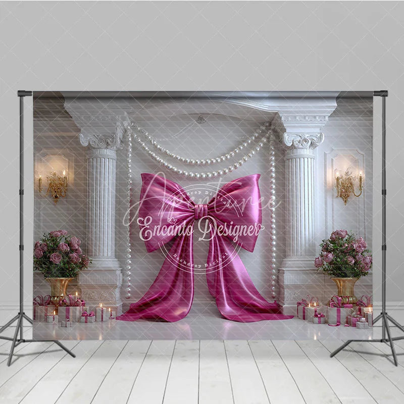Aperturee - Aperturee Elegant Pink Bow and Pearl Garlands Photography Backdrop White Column Romantic Birthday Party Decor