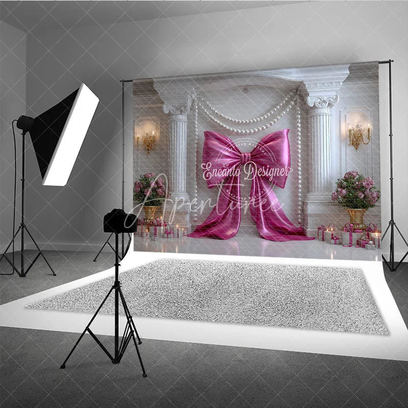 Aperturee - Aperturee Elegant Pink Bow and Pearl Garlands Photography Backdrop White Column Romantic Birthday Party Decor