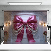 Aperturee - Aperturee Elegant Pink Bow and Pearl Photography Backdrop Luxurious White Wall Decor for Birthday Party Baby Shower