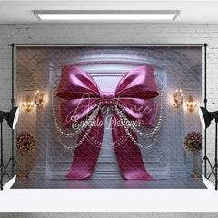 Aperturee - Aperturee Elegant Pink Bow and Pearl Photography Backdrop Luxurious White Wall Decor for Birthday Party Baby Shower