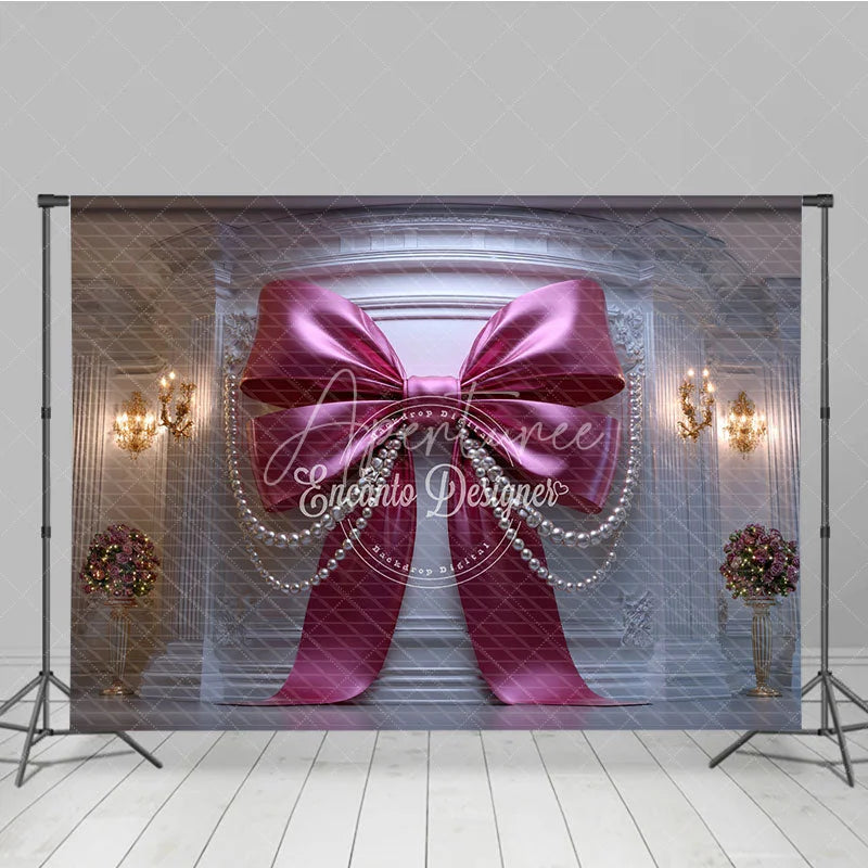 Aperturee - Aperturee Elegant Pink Bow and Pearl Photography Backdrop Luxurious White Wall Decor for Birthday Party Baby Shower