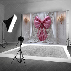 Aperturee - Aperturee Elegant Pink Bow and Pearl Photography Backdrop White Drapes with Gold Chandeliers for Luxurious Celebrations
