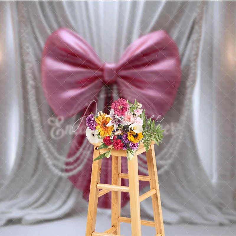 Aperturee - Aperturee Elegant Pink Bow and Pearl Photography Backdrop White Drapes with Gold Chandeliers for Luxurious Celebrations