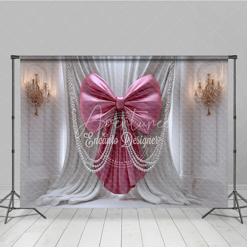 Aperturee - Aperturee Elegant Pink Bow and Pearl Photography Backdrop White Drapes with Gold Chandeliers for Luxurious Celebrations
