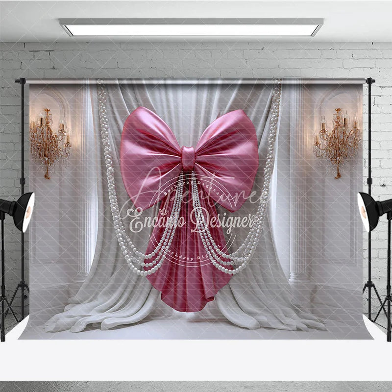 Aperturee - Aperturee Elegant Pink Bow and Pearl Photography Backdrop White Drapes with Gold Chandeliers for Luxurious Celebrations