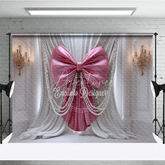 Aperturee - Aperturee Elegant Pink Bow and Pearl Photography Backdrop White Drapes with Gold Chandeliers for Luxurious Celebrations