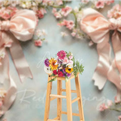 Aperturee - Aperturee Elegant Pink Bow Flower Frame Photography Backdrop Vintage Floral Wedding Studio Prop
