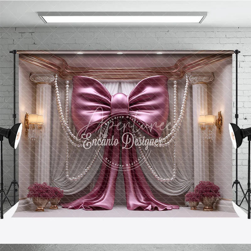Aperturee - Aperturee Elegant Pink Bow with Pearl Strings Photography Backdrop Luxury Wedding and Party Decor