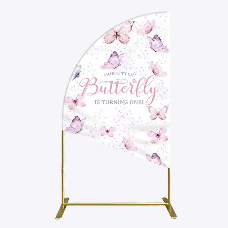 Aperturee - Aperturee Elegant Pink Butterfly 1st Birthday Half Moon Arch Backdrop