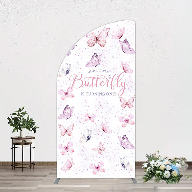 Aperturee - Aperturee Elegant Pink Butterfly 1st Birthday Half Moon Arch Backdrop