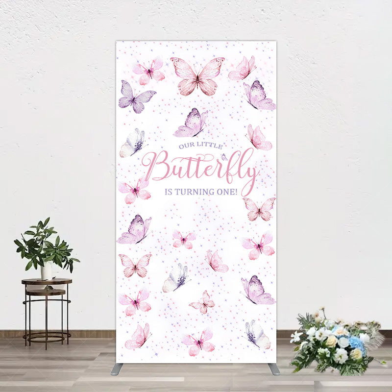 Aperturee - Aperturee Elegant Pink Butterfly 1st Birthday Rectangle Backdrop