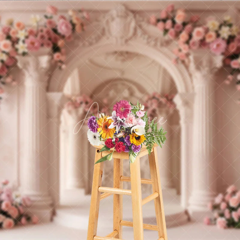 Aperturee - Aperturee Elegant Pink Floral Archway and Classical Columns Photography Backdrop Romantic Wedding Baby Shower Decor
