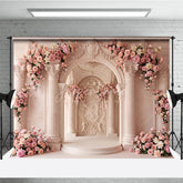 Aperturee - Aperturee Elegant Pink Floral Archway and Classical Columns Photography Backdrop Romantic Wedding Baby Shower Decor