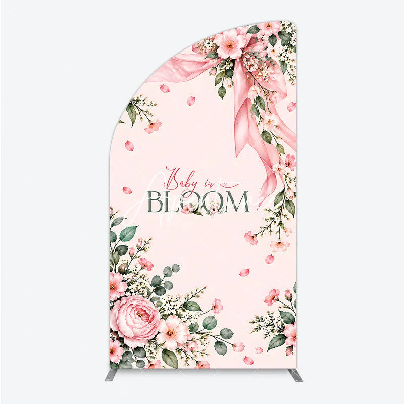 Aperturee - Aperturee Elegant Pink Floral Baby in Bloom Half Moon Arch Backdrop Ribbon and Green Leaves for Baby Shower