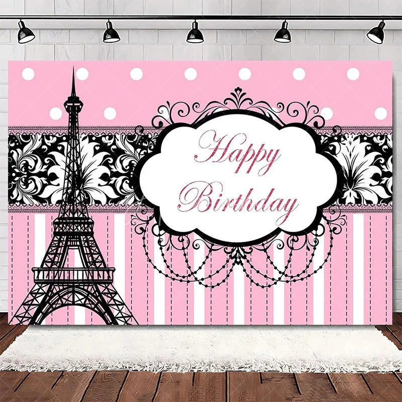 Aperturee - Aperturee Elegant Pink Floral Eiffel Tower Happy Birthday Backdrop Perfect Party Decoration for Women