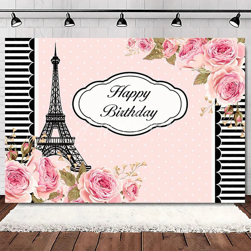 Aperturee - Aperturee Elegant Pink Floral Eiffel Tower Happy Birthday Backdrop Perfect Party Decoration for Women