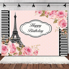 Aperturee - Aperturee Elegant Pink Floral Eiffel Tower Happy Birthday Backdrop Perfect Party Decoration for Women
