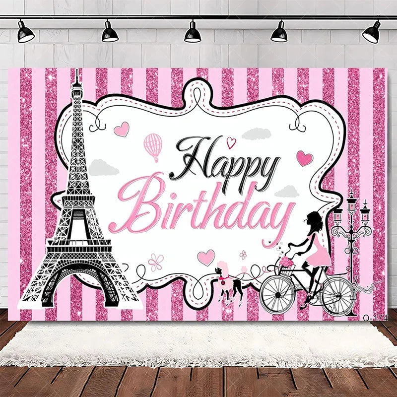 Aperturee - Aperturee Elegant Pink Floral Eiffel Tower Happy Birthday Backdrop Perfect Party Decoration for Women