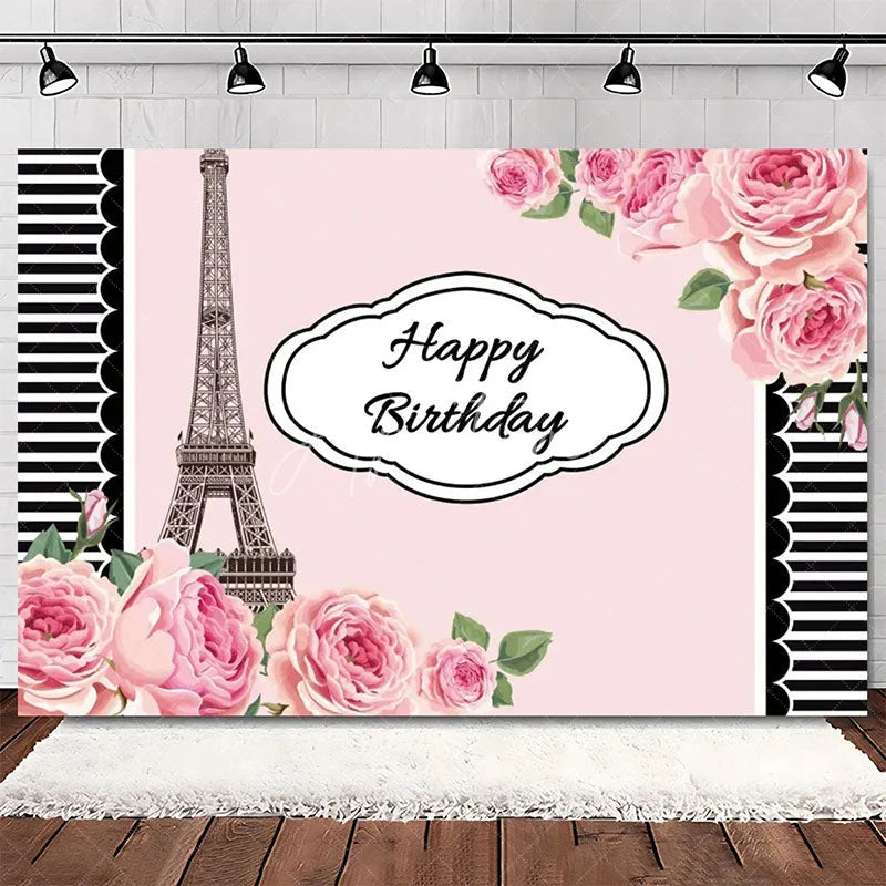 Aperturee - Aperturee Elegant Pink Floral Eiffel Tower Happy Birthday Backdrop Perfect Party Decoration for Women