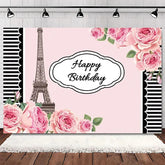Aperturee - Aperturee Elegant Pink Floral Eiffel Tower Happy Birthday Backdrop Perfect Party Decoration for Women