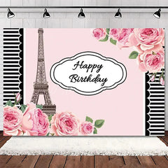 Aperturee - Aperturee Elegant Pink Floral Eiffel Tower Happy Birthday Backdrop Perfect Party Decoration for Women