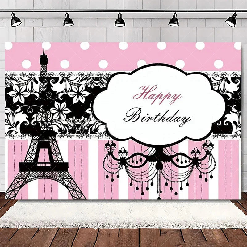 Aperturee - Aperturee Elegant Pink Floral Eiffel Tower Happy Birthday Backdrop Perfect Party Decoration for Women