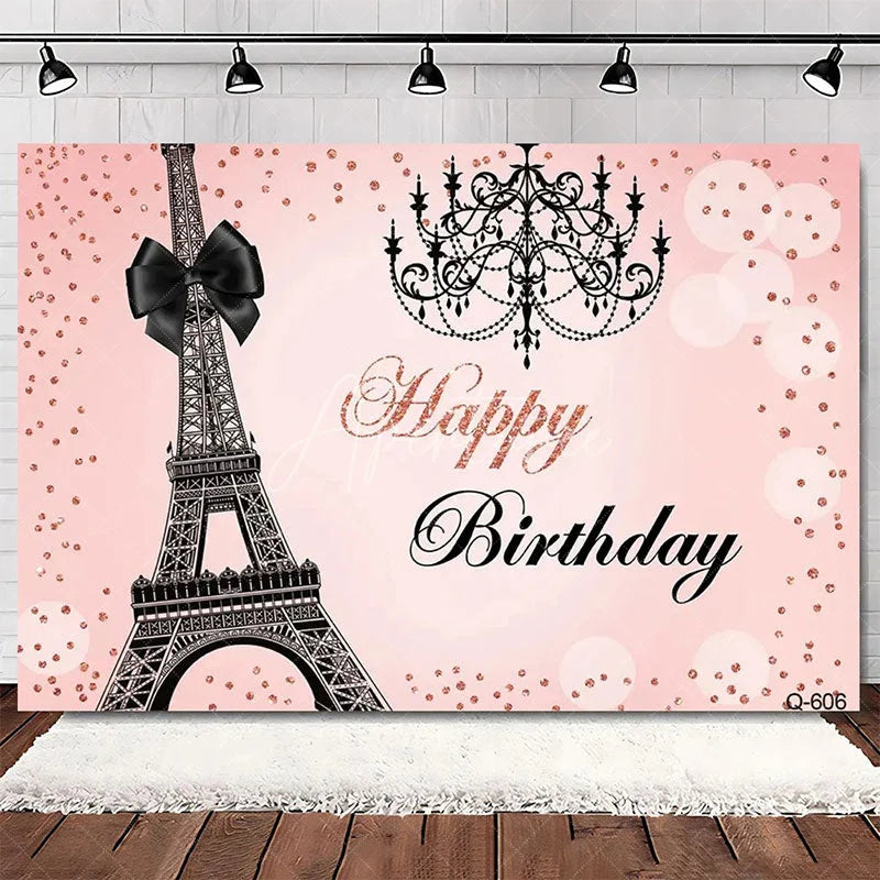 Aperturee - Aperturee Elegant Pink Floral Eiffel Tower Happy Birthday Backdrop Perfect Party Decoration for Women