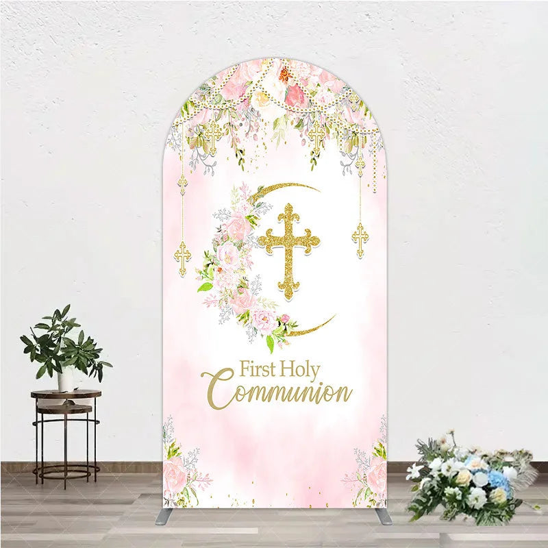 Aperturee - Aperturee Elegant Pink Floral First Holy Communion Round Top Arch Backdrop with Gold Cross Religious Party Decor