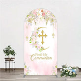 Aperturee - Aperturee Elegant Pink Floral First Holy Communion Round Top Arch Backdrop with Gold Cross Religious Party Decor