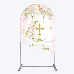 Aperturee - Aperturee Elegant Pink Floral First Holy Communion Round Top Arch Backdrop with Gold Cross Religious Party Decor