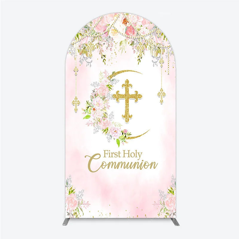 Aperturee - Aperturee Elegant Pink Floral First Holy Communion Round Top Arch Backdrop with Gold Cross Religious Party Decor