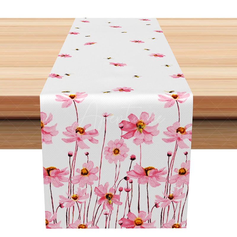 Aperturee - Aperturee Elegant Pink Floral Table Runner for Spring Fresh Wildflower Kitchen Decor Wedding or Mothers Day Decoration