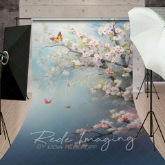 Aperturee - Aperturee Elegant Pink Flowers Butterflies Sweep Photo Backdrop